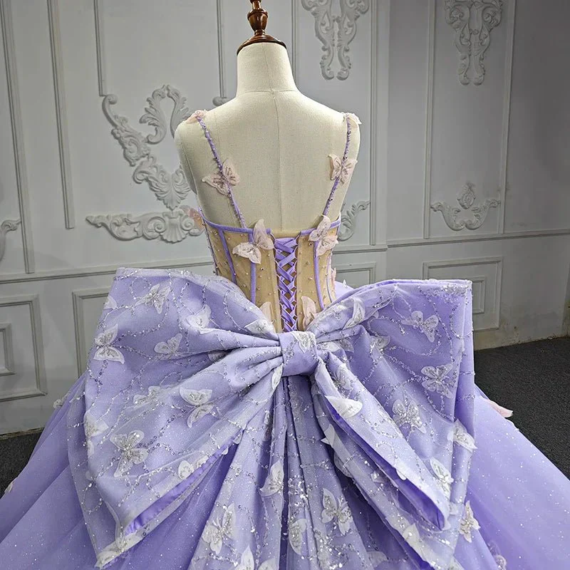 Spaghetti Straps Quinceanera Dresses Ball Gown with Butterfly Appliques and Bowknot