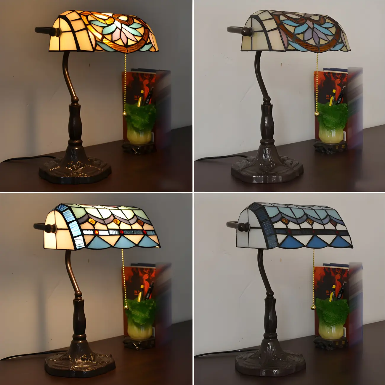 HomeyFad Retro Stained Glass LED Banker Table Lamp in Pull Chain