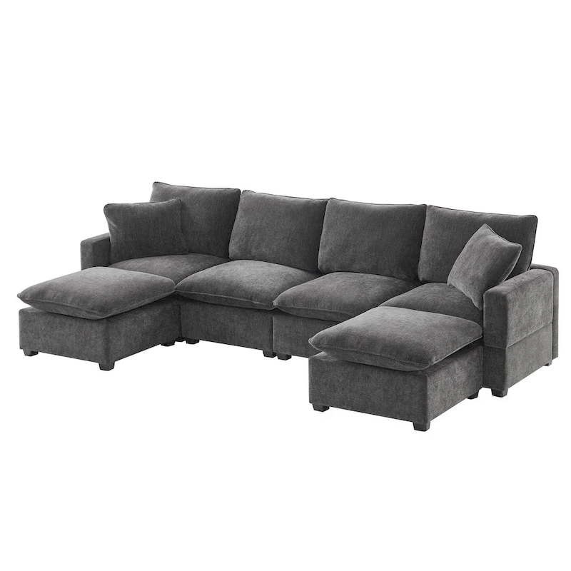 U Shape Modular Sofa, 6 Seat Chenille Deep Seat Sectional Couch