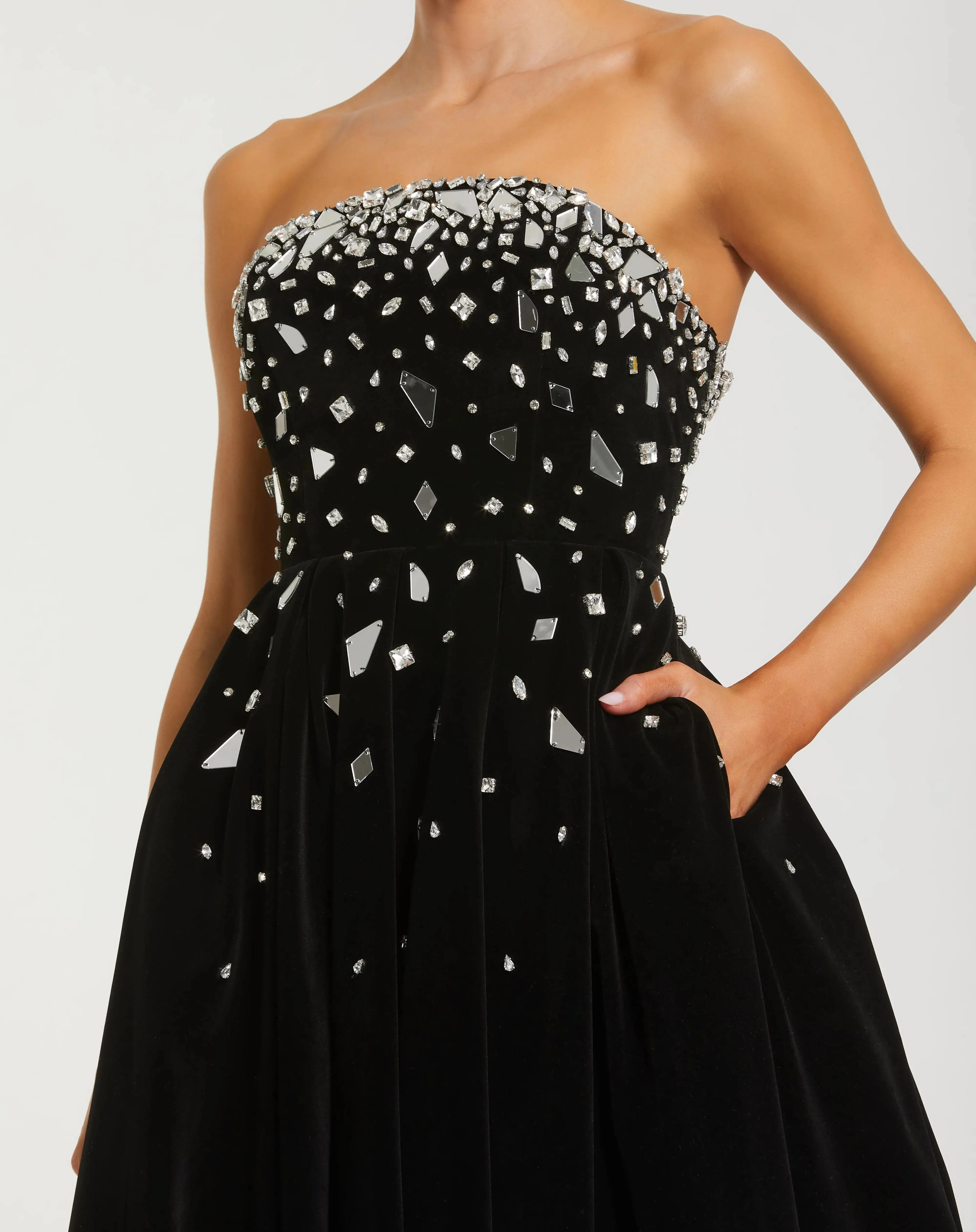 Black Velvet Strapless A-Line Midi Dress with Embellishments