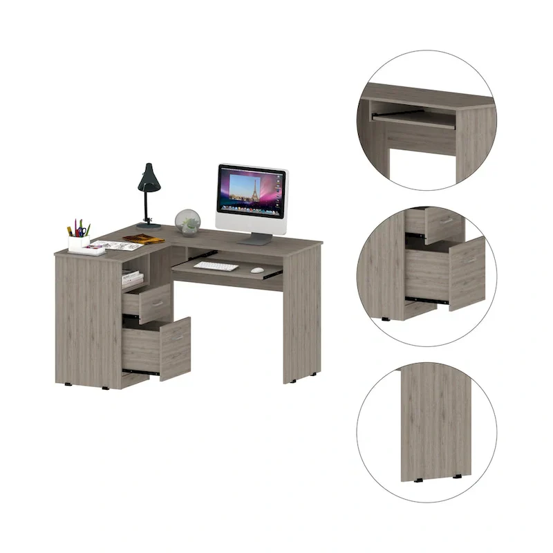 L-Shaped Desk with Drawers and Keyboard Tray
