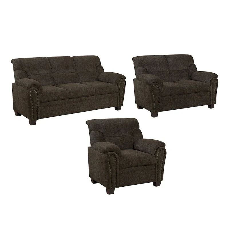 Brown Upholstered Living Room with Nailhead Trim – Transitional Style