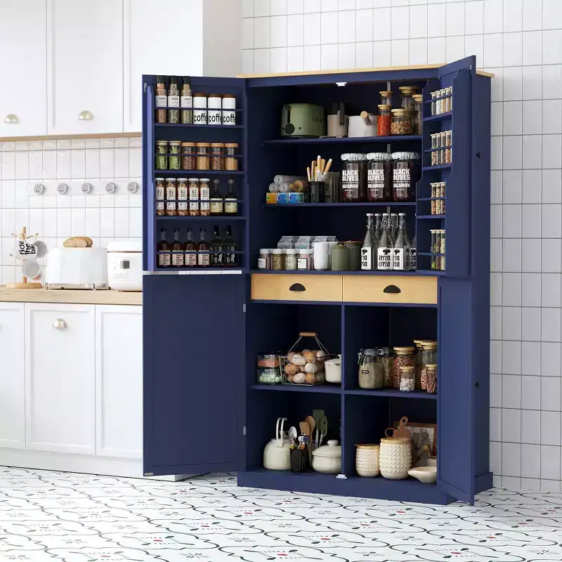 GDFStudio Teman Freestanding Kitchen Pantry Storage Cabinet with 2 Drawers and 8 Door Shelves