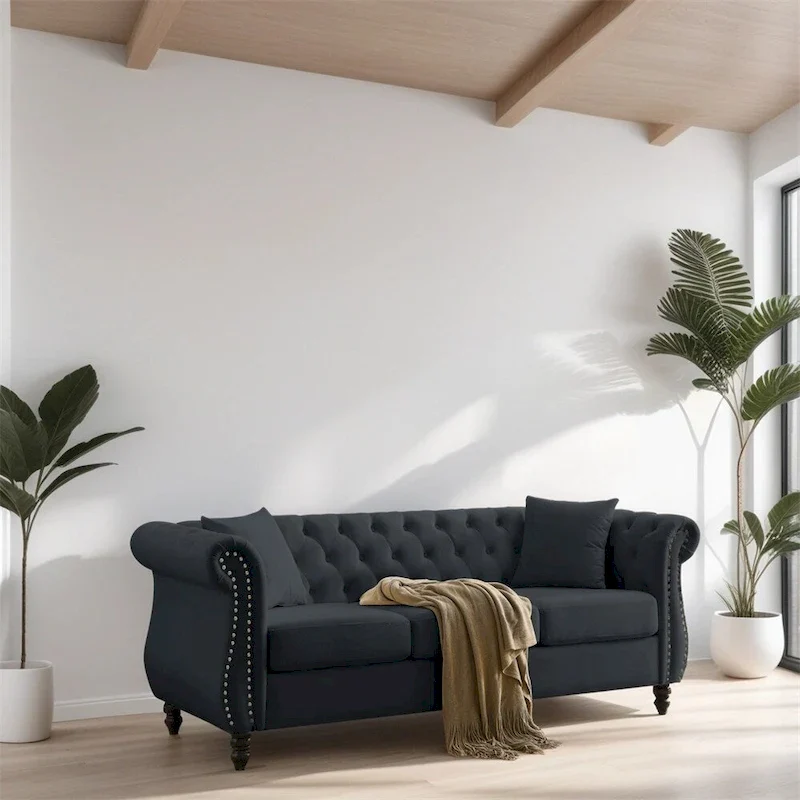 Velvet Sofa with Rolled Arms - Black, 3-Seater