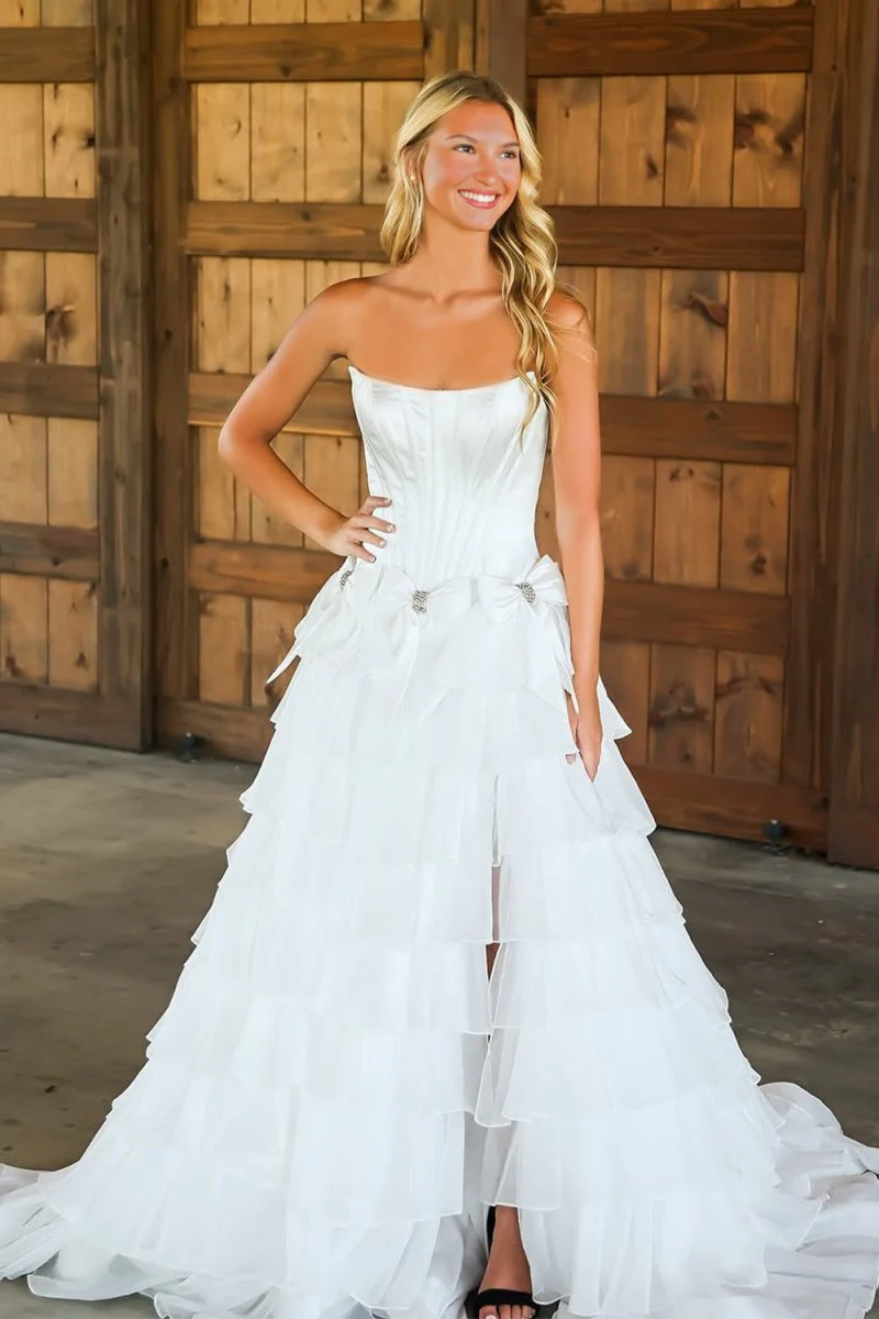 White - Scoop Neck A Line Chiffon Tiered Prom Dresses With Bowknot