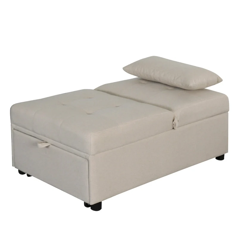 Beige Single Folding Ottoman Sofa Bed with Adjustable Back