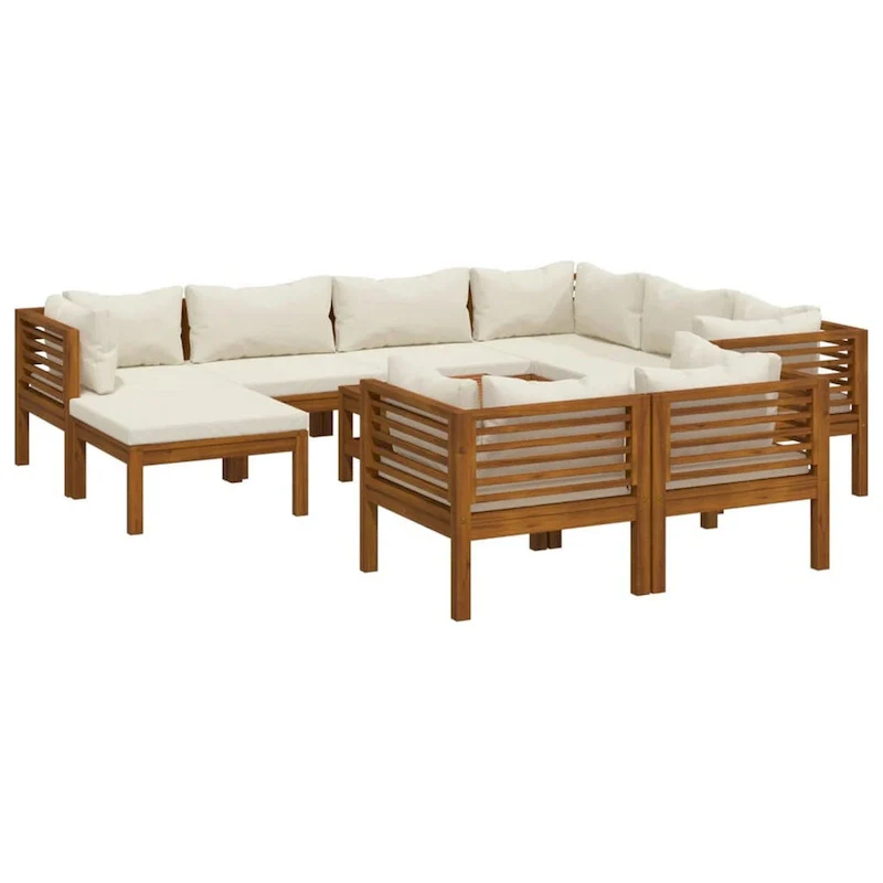 10pc Outdoor Modular Sofa Set, Coffee Table, Solid Acacia Wood, Cream