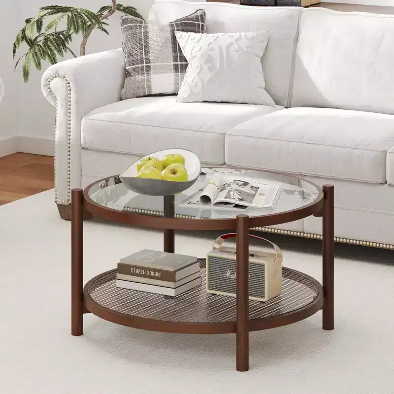 Costway Wooden 31 Round Coffee Table with Tempered Glass Top Handmade Rattan Shelf