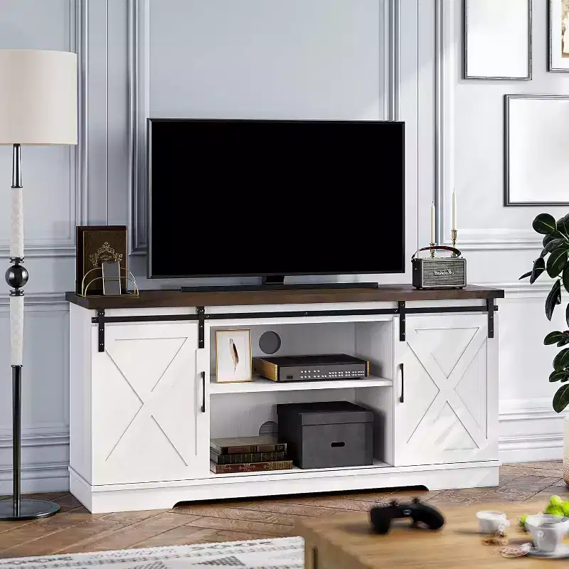 TV Stand for Up to 65 inch TV, Farmhouse Sliding Barn Door TV Stand, Entertainment Center with Cable Management Holes for Living Room