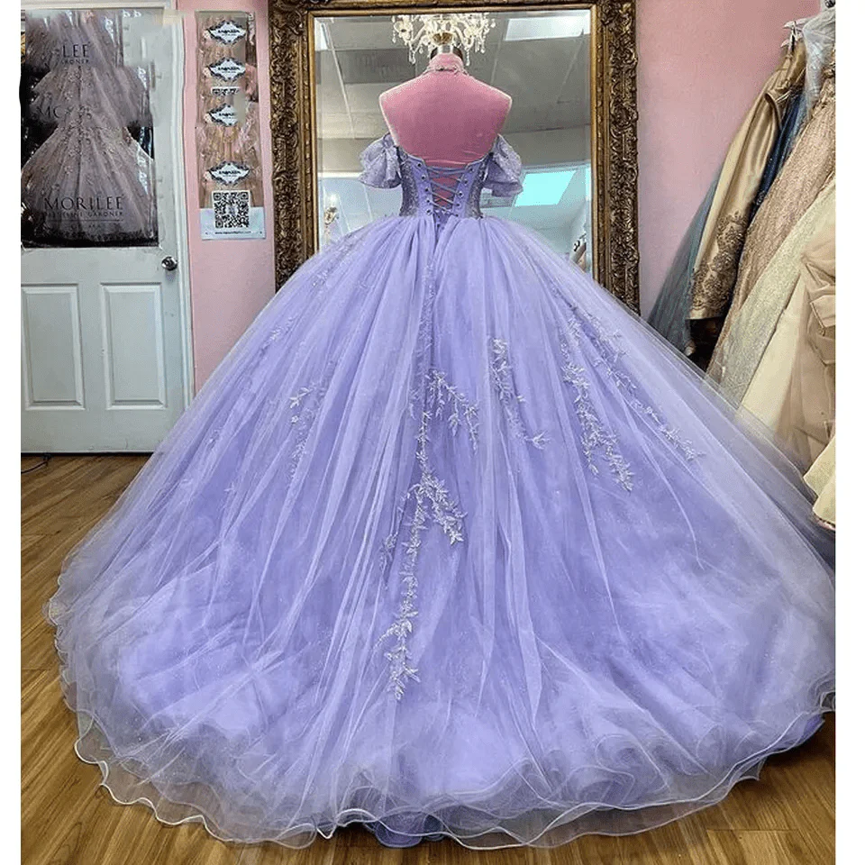 Lavender Off The Shoulder Beaded Tulle Quinceanera Dresses With Appliques