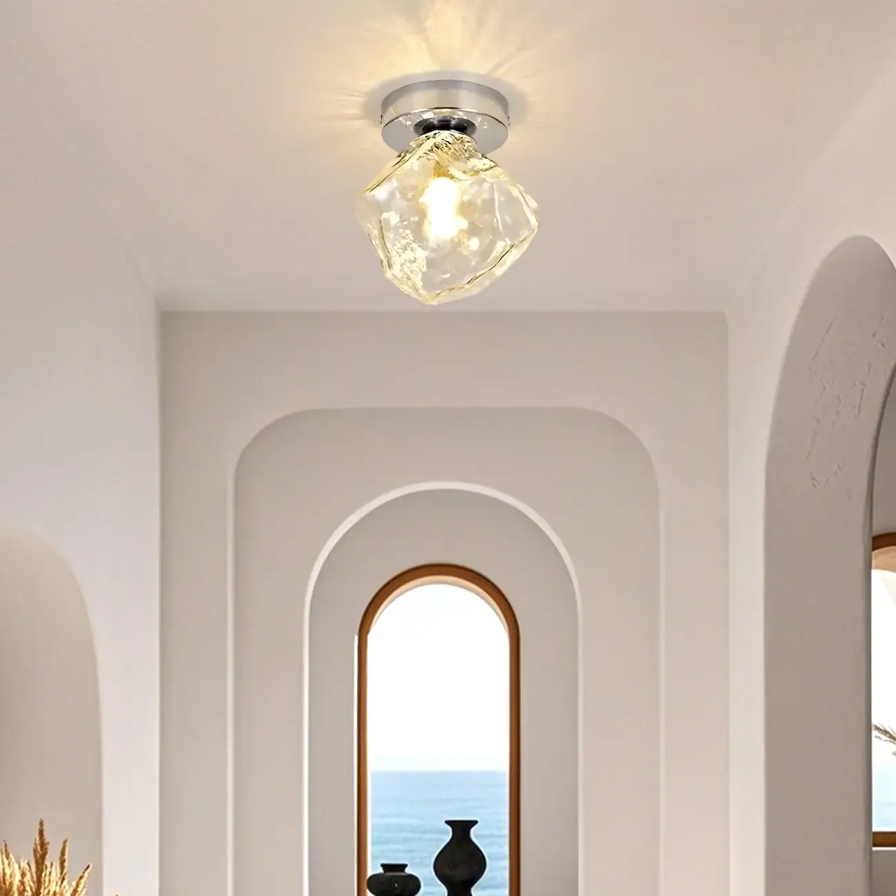 Clear Glass Rock Design Hallway Chrome Semi Flush Ceiling Light