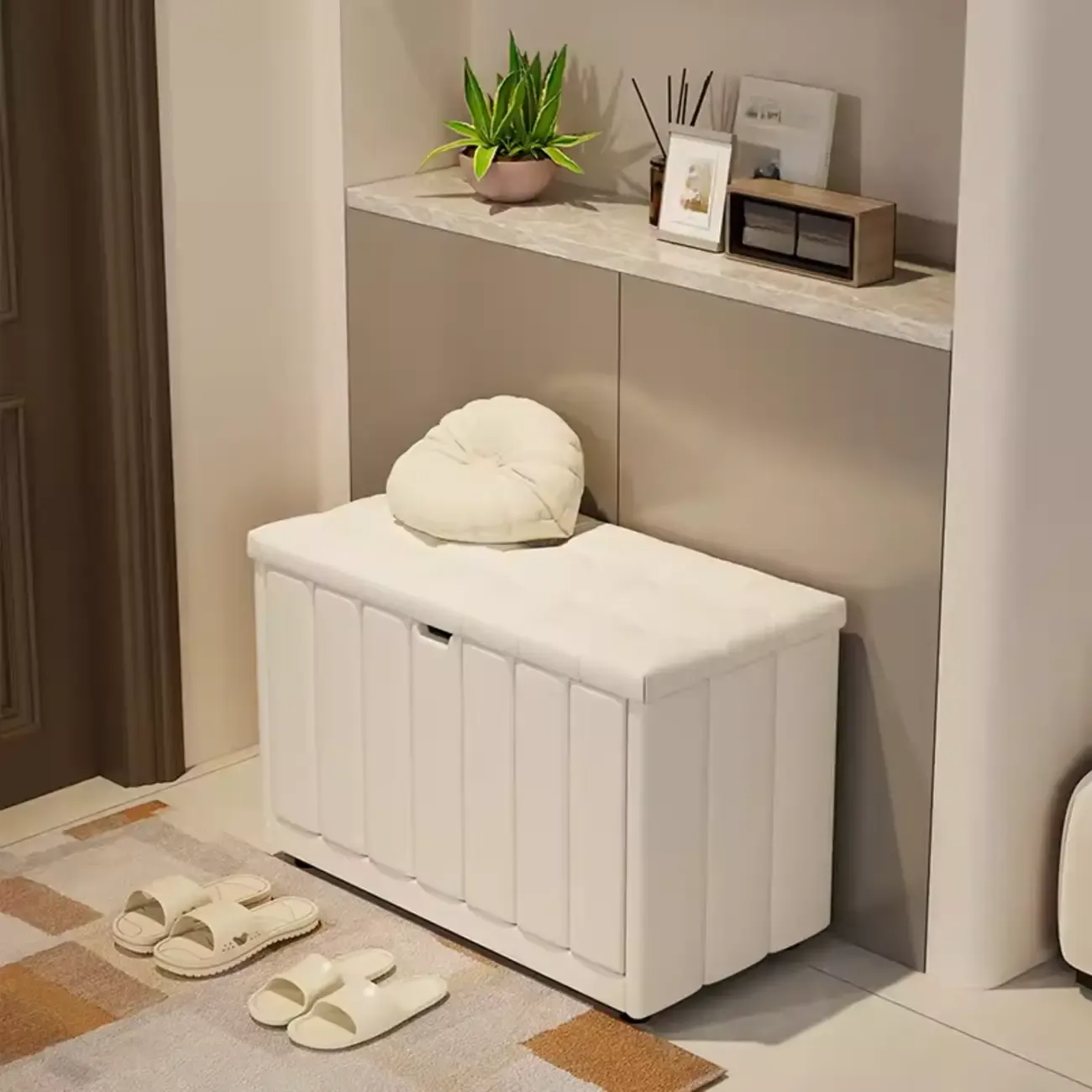 Adjustable Shelves Drop Front Wood Cushioned Shoe Bench