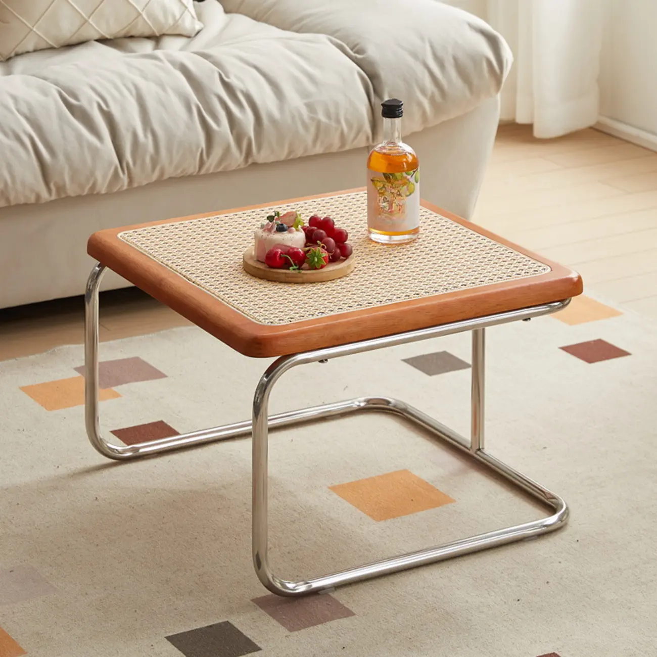 Cherry Finish Rattan Glass Square Nesting Coffee Table