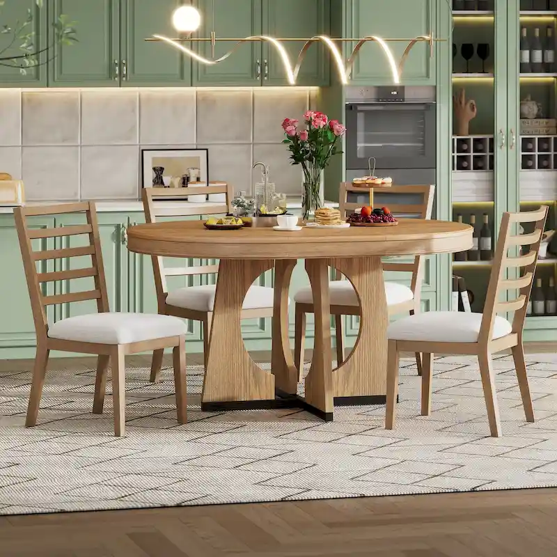 5-Piece Rustic Functional Dining Set, 1 Extendable Table with a 16-inch Leaf and 4 Upholstered Chairs