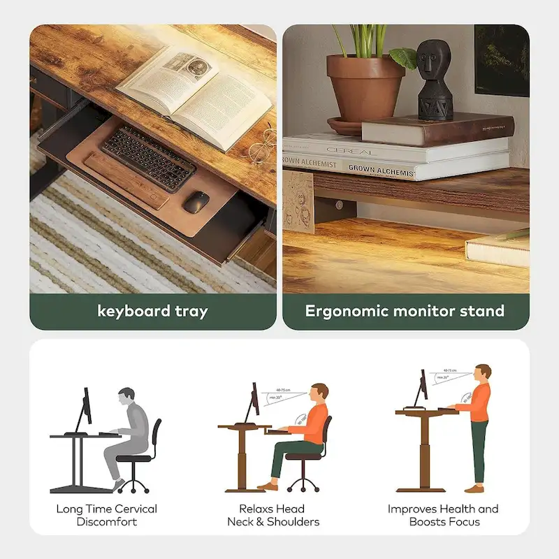 FEZIBO Height Adjustable Electric Standing Desk with Double Drawers&Keyboard Tray, Stand Up Desk with LED Strips