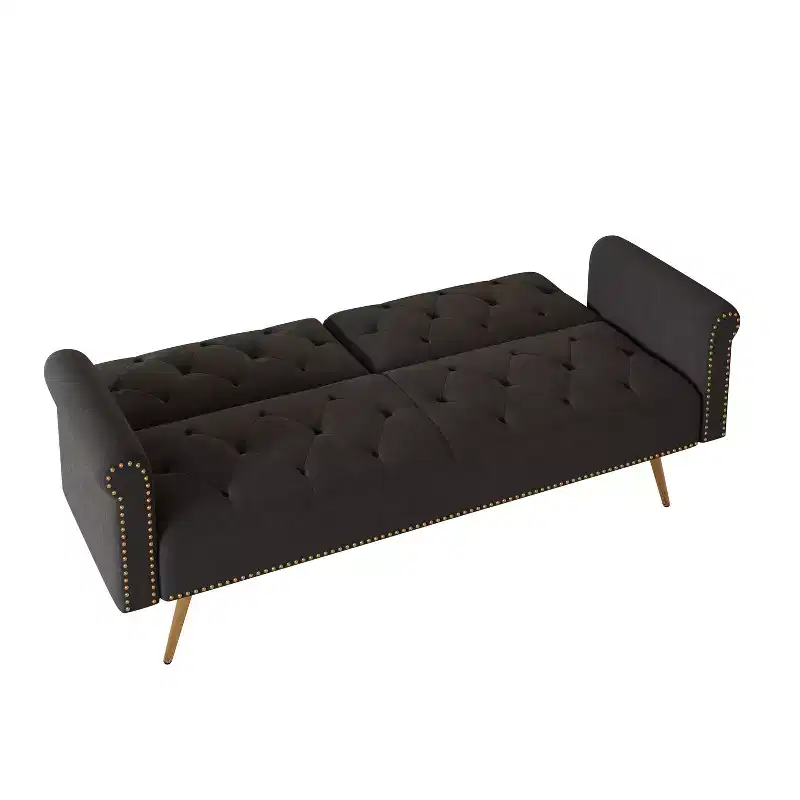 MAYEERTY Black Velvet Fabric Sofa Featuring Nail Head Trim and Accompanied By A Matching Throw Pillow