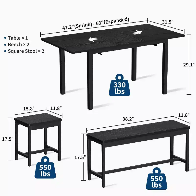 5-Piece Dining Table Set for 4-8 People, 63 Large Extendable Kitchen Table Set with 2 Benches and 2 Square Stools, Easy Assembly