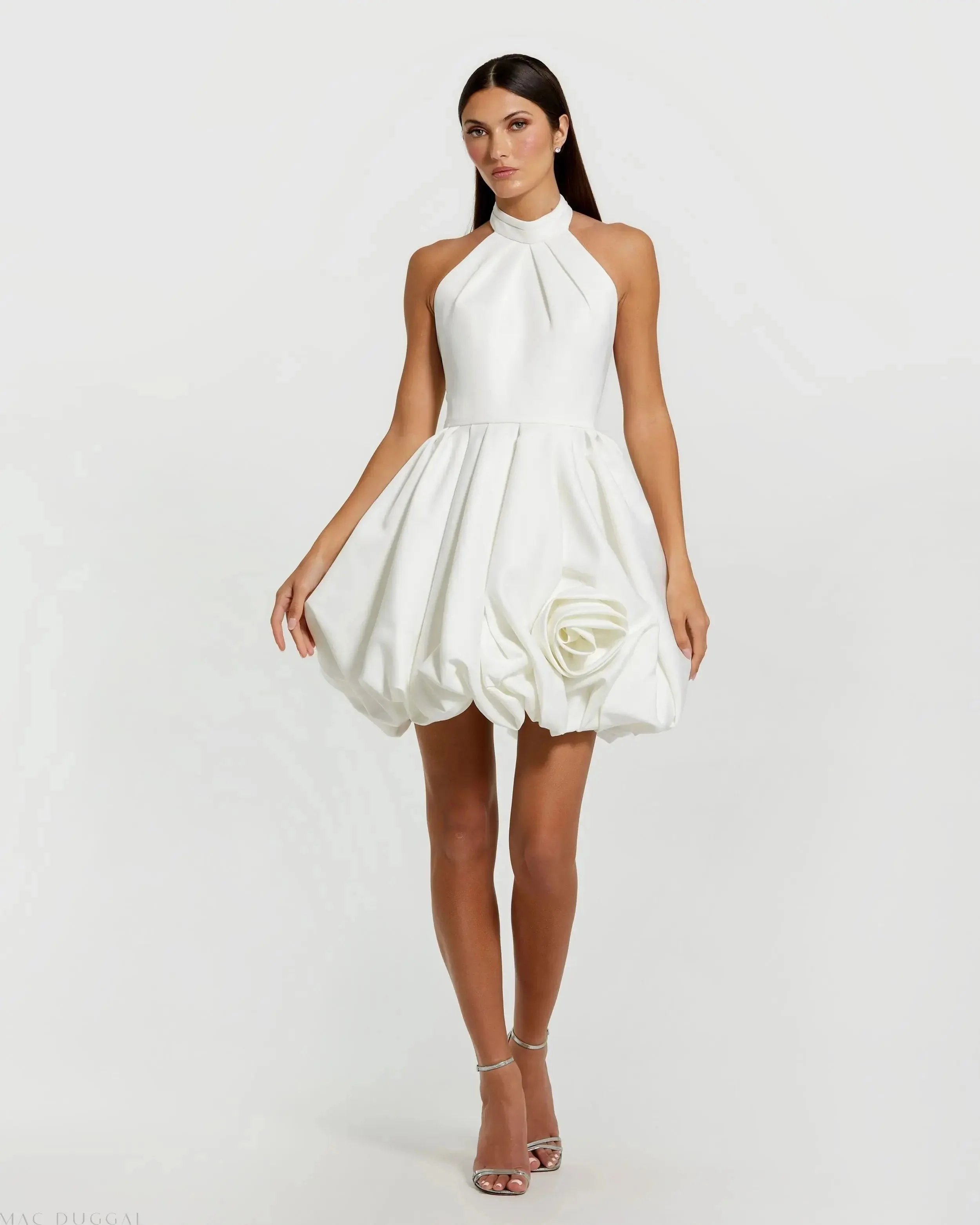 White Halter Neck Bubble Hem Satin Mini Dress