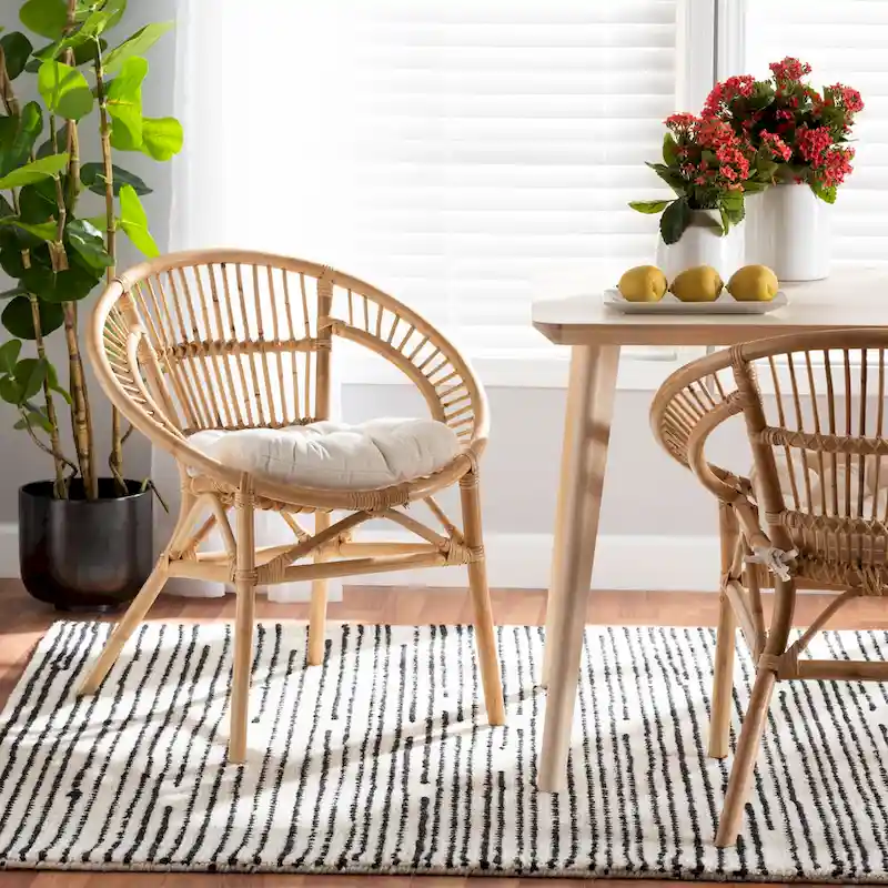 Natural Brown Rattan Dining Chair with Cushion