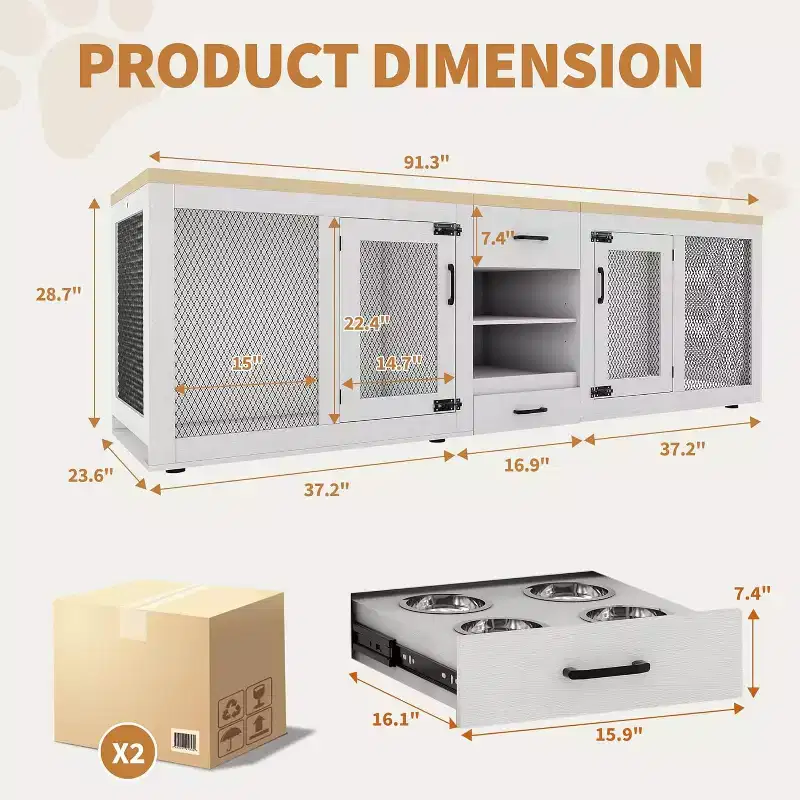 90 Inch Large Dog Crate Furniture, Feeding Station, Storage, Furniture-Style, for Living Room, Home