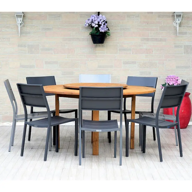 9-piece Teak Finish Table Dining Set with Lazy Susan - 9 Piece