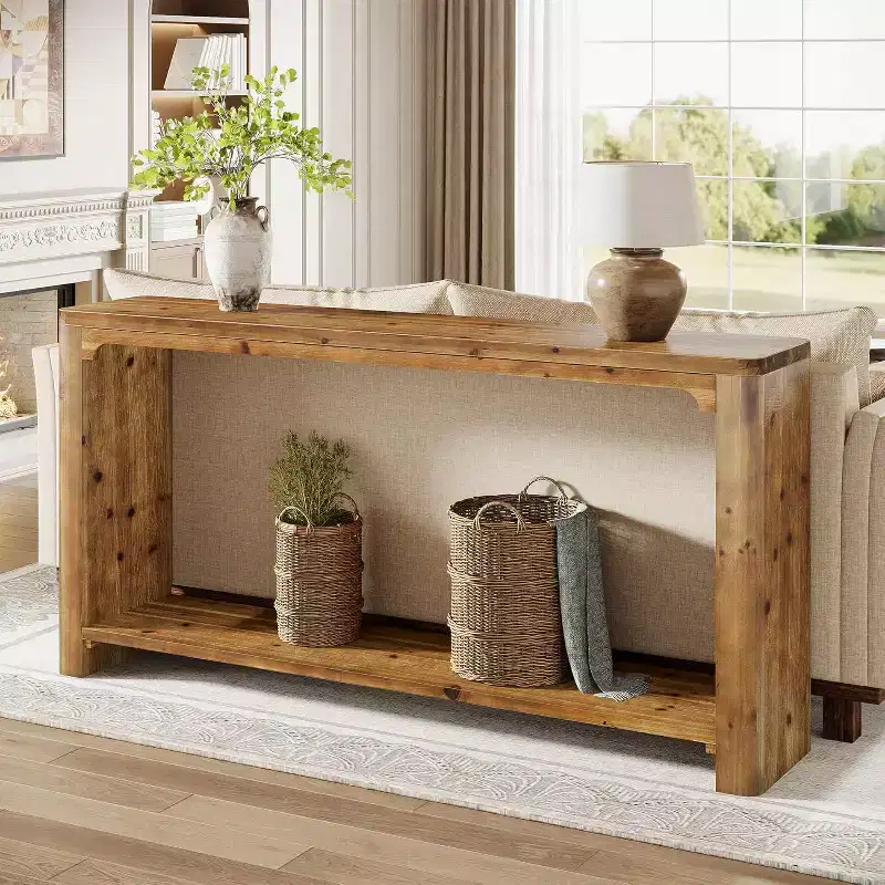 Lantine 63-Inch Solid Wood Console Table, Farmhouse Style 2-Tier Storage for Living Room, Entryway, Foyer, Behind Sofa, Rustic Brown