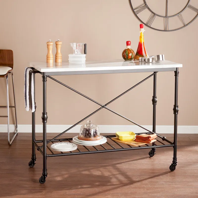 Black Faux Marble Rolling Kitchen Island