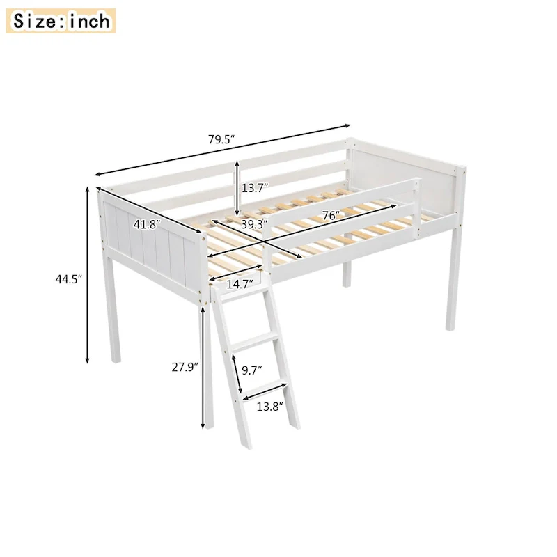 Twin Size Wood Low Loft Bed with Ladder can be Placed on The Left or Right, Gray