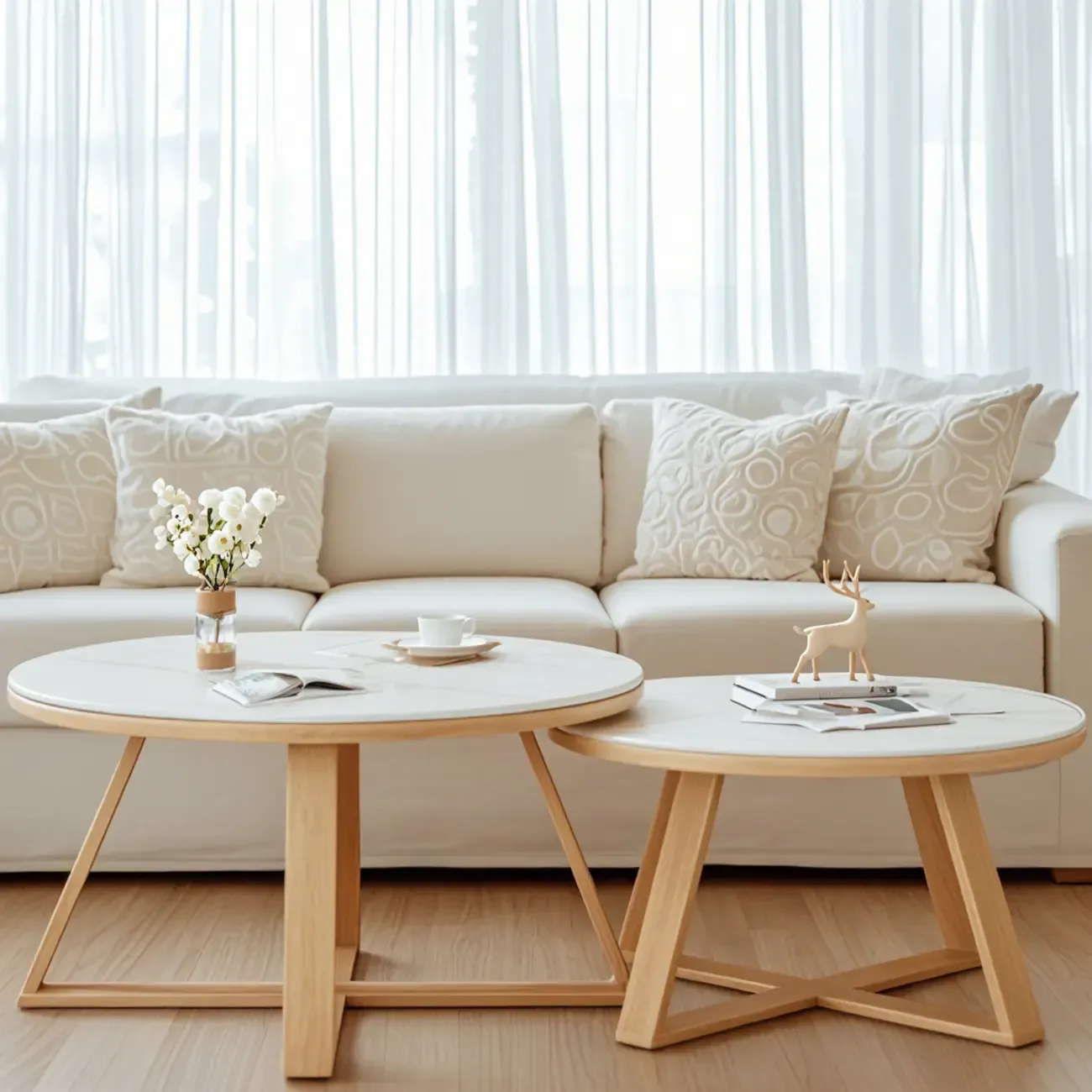 Modern Marble Round 2 Nesting Coffee Table Set with Wood Base