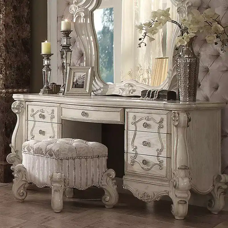 67" Versailles Vanity Desk Bone White - Acme Furniture: European-Inspired, 7 Drawers, No Mirror