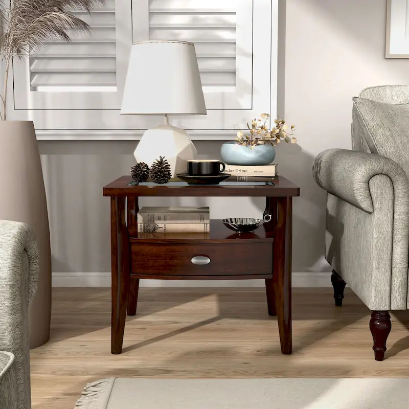 Genoas Traditional Walnut 27-inch Glasstop 1-Drawer End Table by Furniture of America