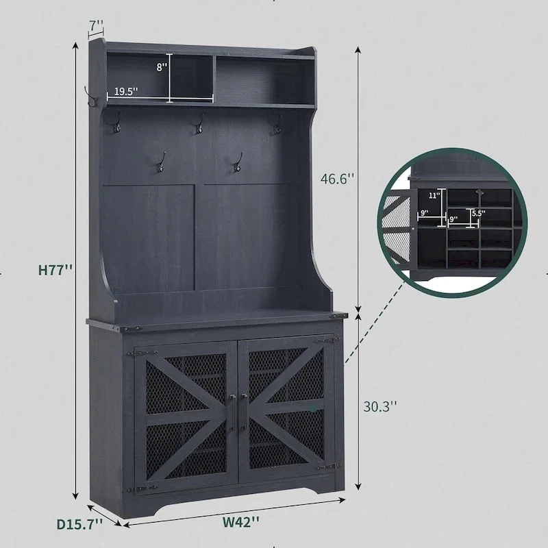 42 Wide Farmhouse Entryway Bench with Coat Rack, Mudroom Cabinet