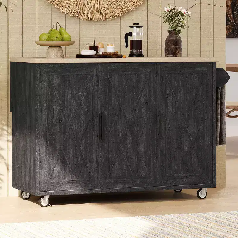 Okak Kitchen Island with Geometric Twill Stripe Textured Design, Kitchen Cart with Drop Leaf and Internal Storage Rack for Kitchen, Dining Room