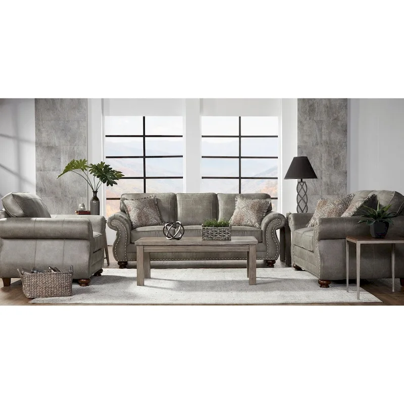 Roundhill Furniture Leinster Faux Leather Upholstered Nailhead Sofa, Loveseat, and Chair Set in Stone Gray