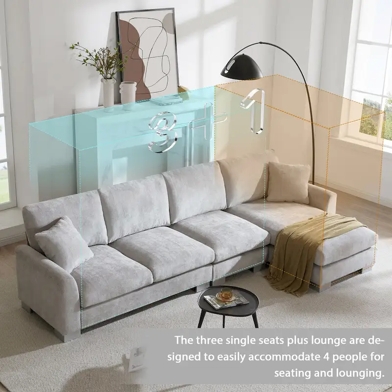 119  Chenille L-Shaped Sectional Sofa with Chaise Lounge and 2 Pillows