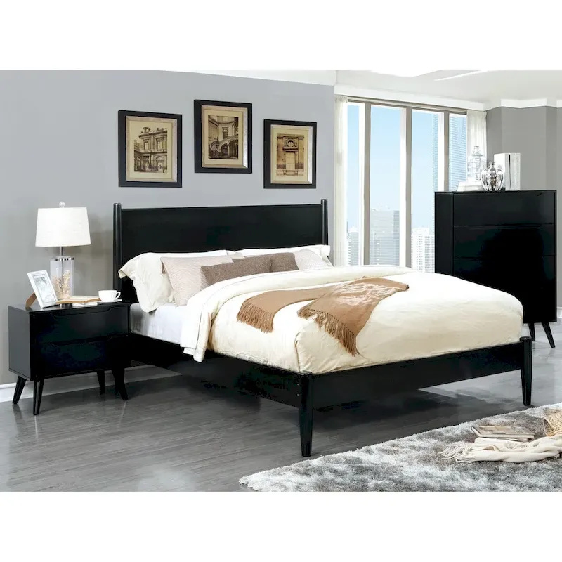Mid-Century Modern Black Wood 3-Piece Platform Bedroom Set