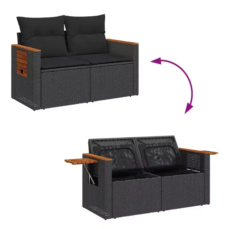 vidaXL Garden Sofa Black PE Rattan 2-Seater Adjustable Armrests