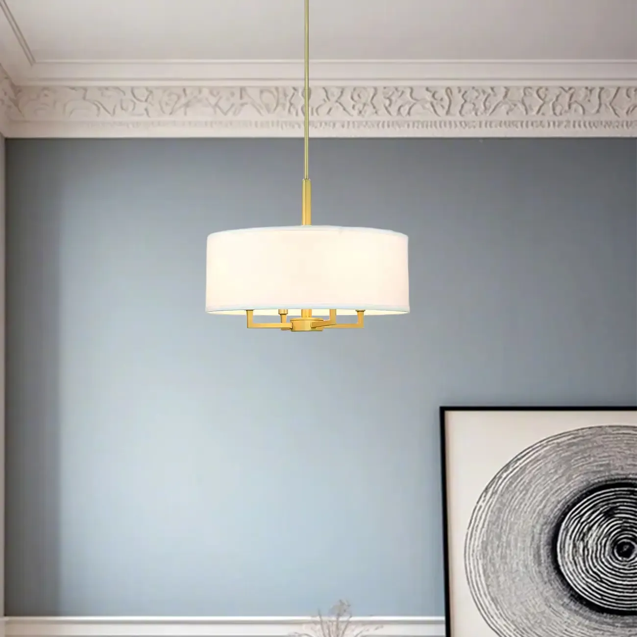 Modern Fabric Drum Chandeliers with Elegant Gold Finish