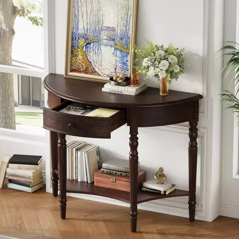 JVNOXK Farmhouse Half-Moon Console Table with Drawers and Shelves Rustic Side Table, Sofa Table for Living Room Rich Coffee Brown