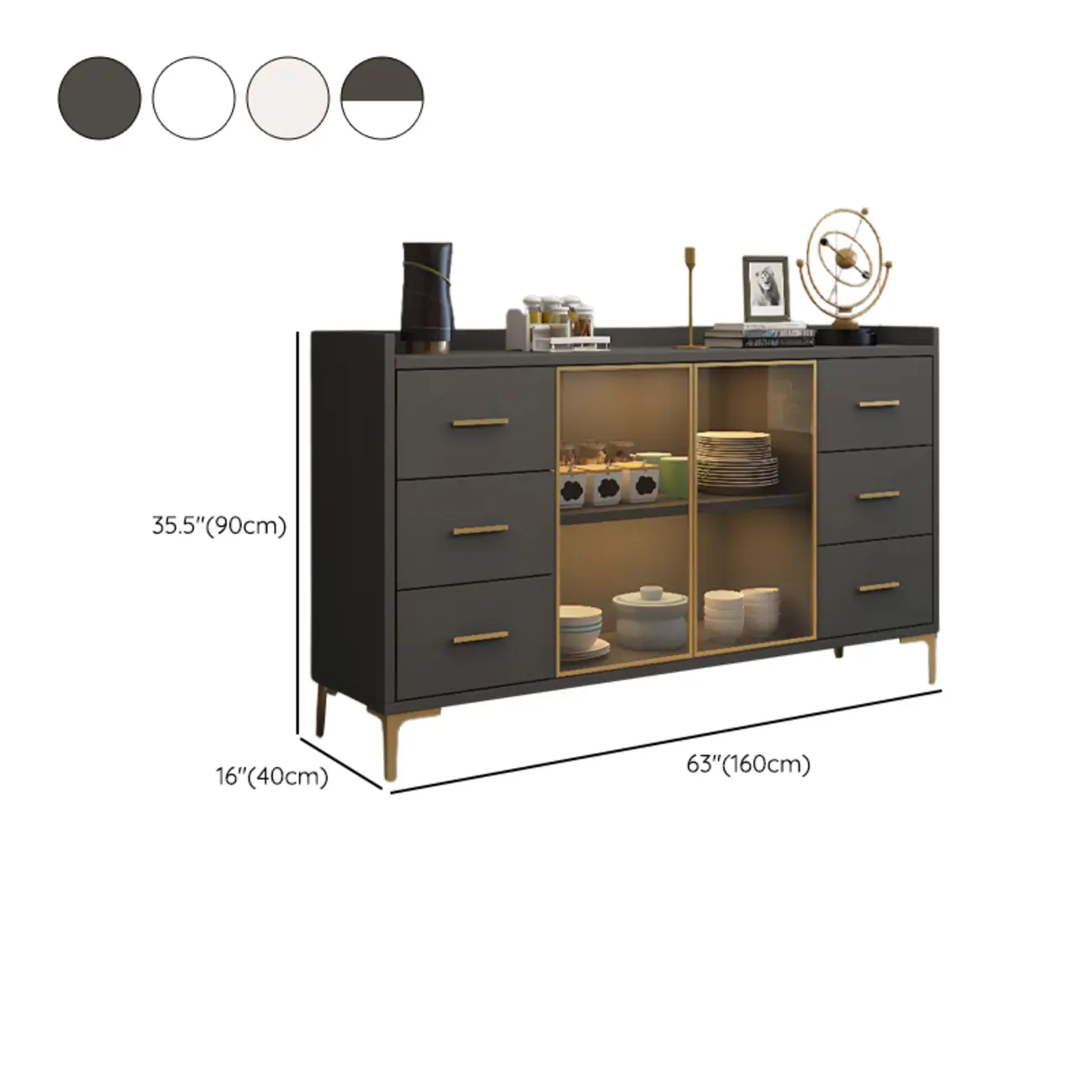 Trendy 6 Drawers White/Black Kitchen Cabinets with Metal Foot