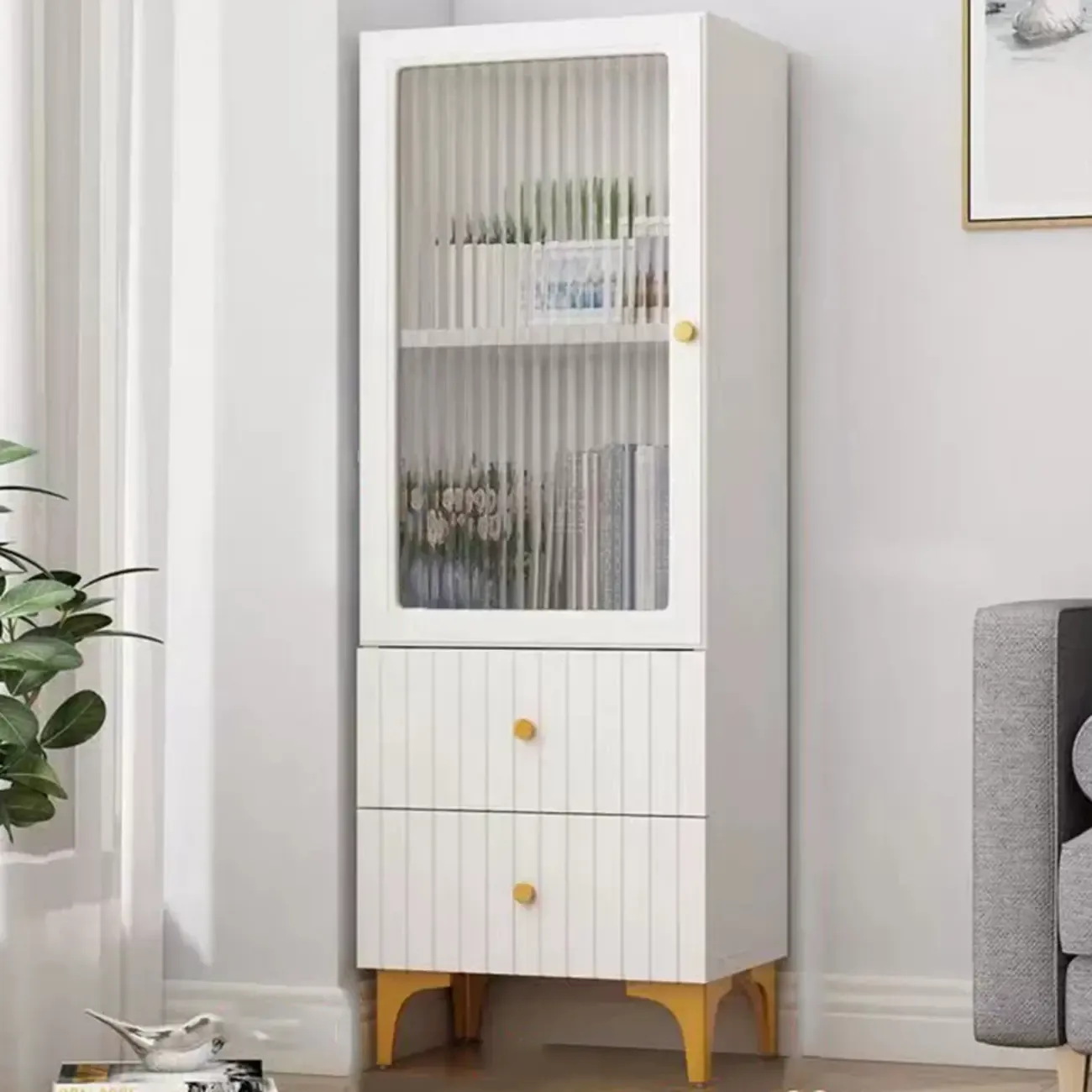 Modern White Glass Wood Storage Cabinet with Gold Metal Base