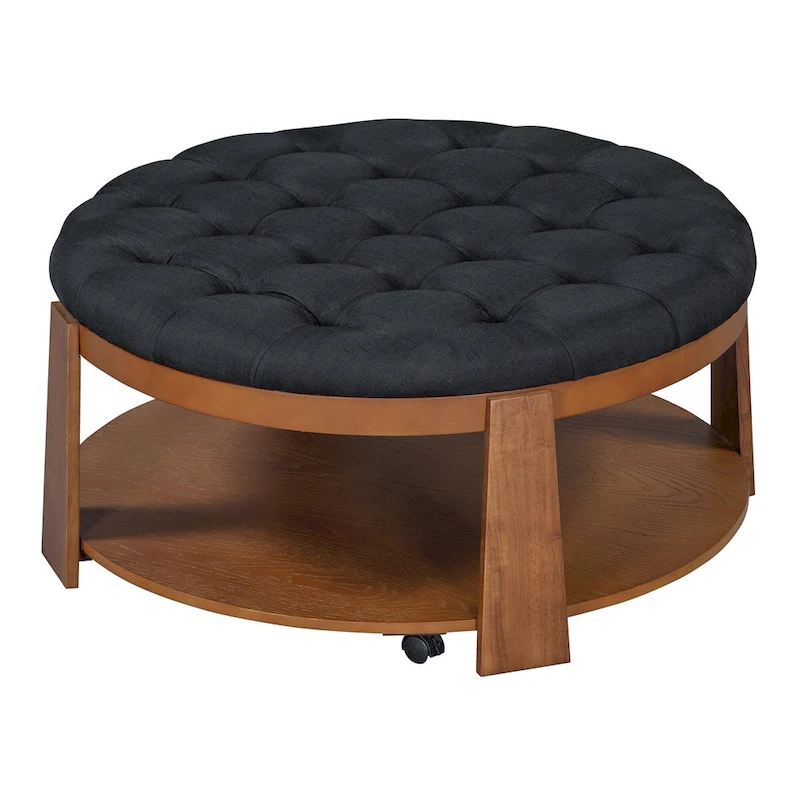 36  Round Button Tufted Upholstered Coffee Table with Wood Shelf and Wheel