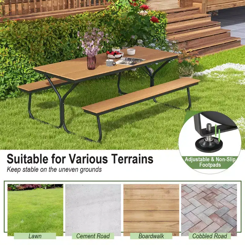 Costway 6FT Picnic Table Bench Set Outdoor HDPE Heavy-Duty Table for 6-8 Person Brown/Grey