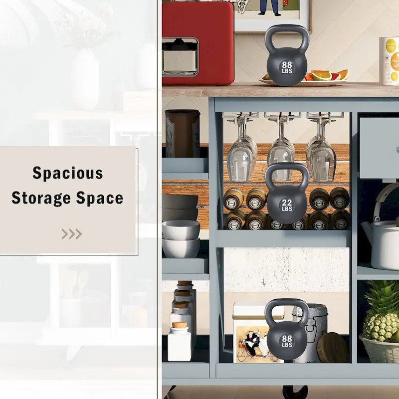 Rubber Wood Kitchen Cart with Adjustable Shelves and Wine Rack