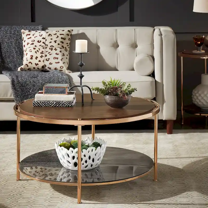 Round Coffee Table with Storage - Champagne Gold & Walnut