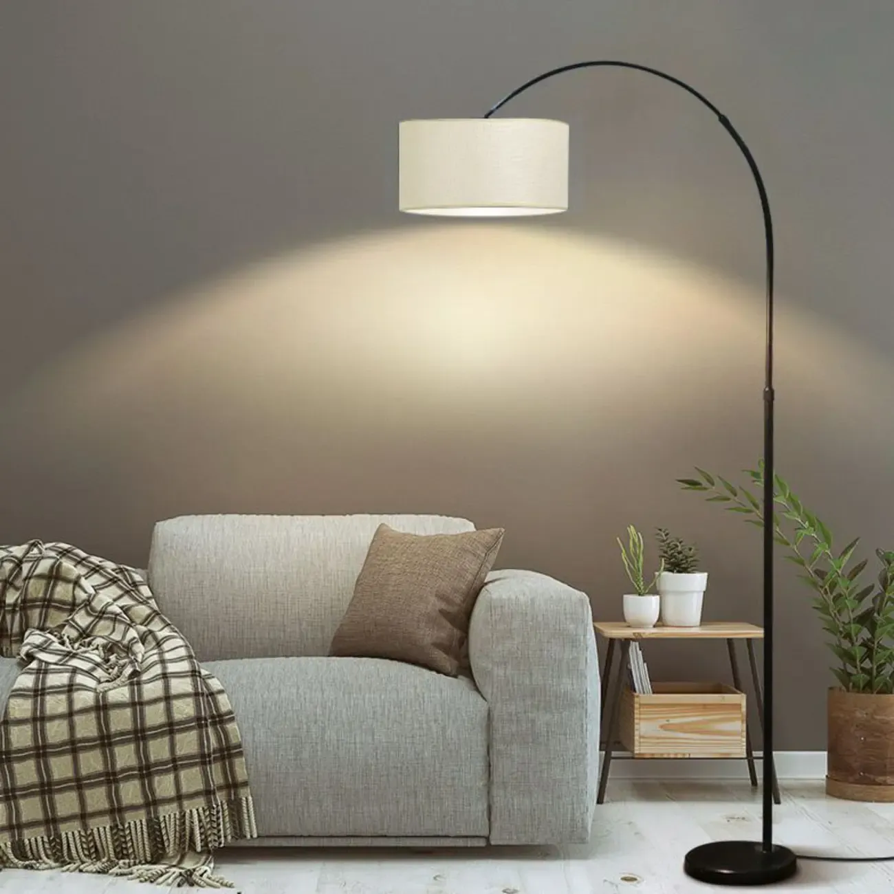 Modern Adjustable Arc Floor Lamp Drum Shade for Living Room
