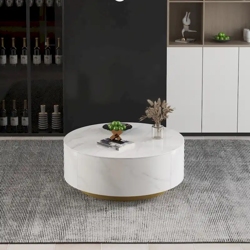 Modern Drum Coffee Table with Oak Veneer, Sintered Stone Coffee Table with 2 Solid Wood Drawers