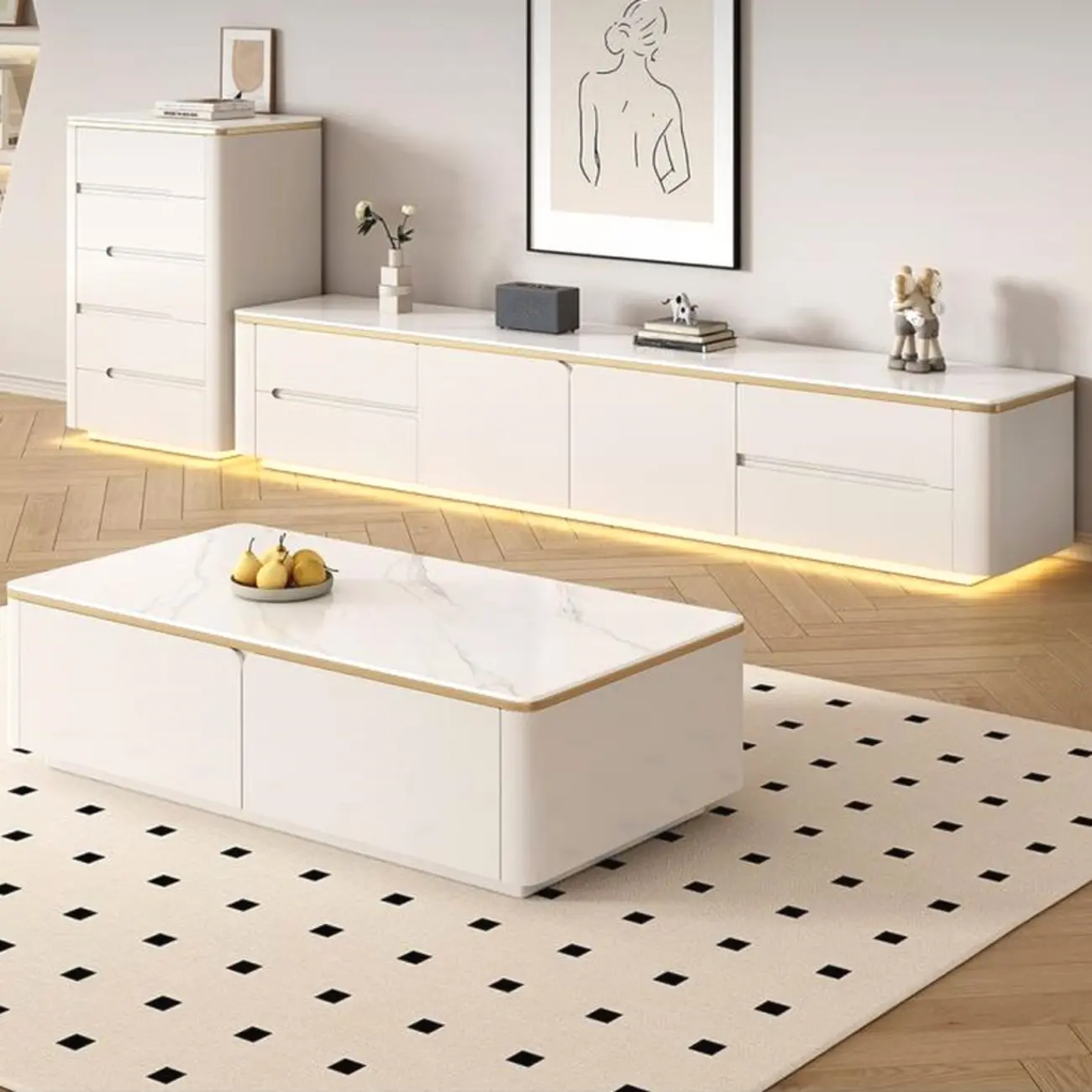 Modern White Stone Long TV Stand with Drawers