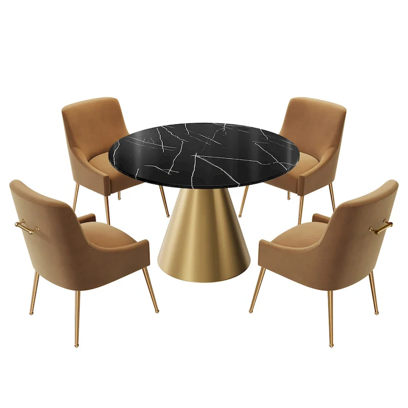Clihome 5 Piece Black Marble Top Table with Velvet Dining Chair Set