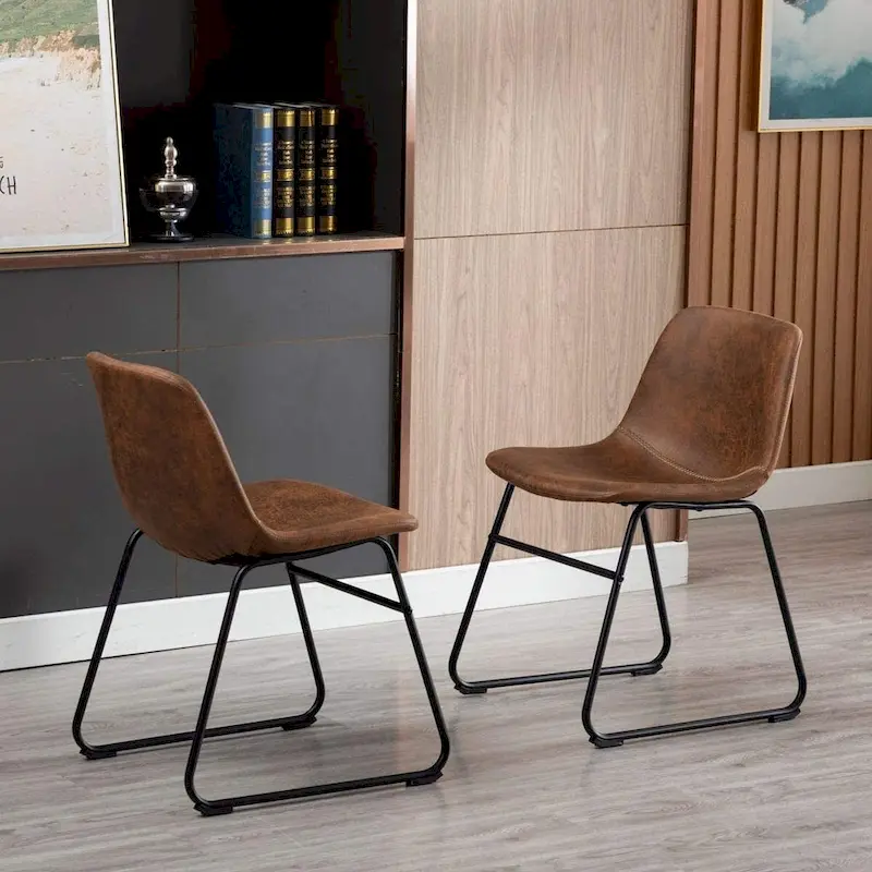 Home Beyond Set of 2 Pcs Synthetic Leather Upholstered Dining Chairs Armlesss with Metal Frame UC-13BRN